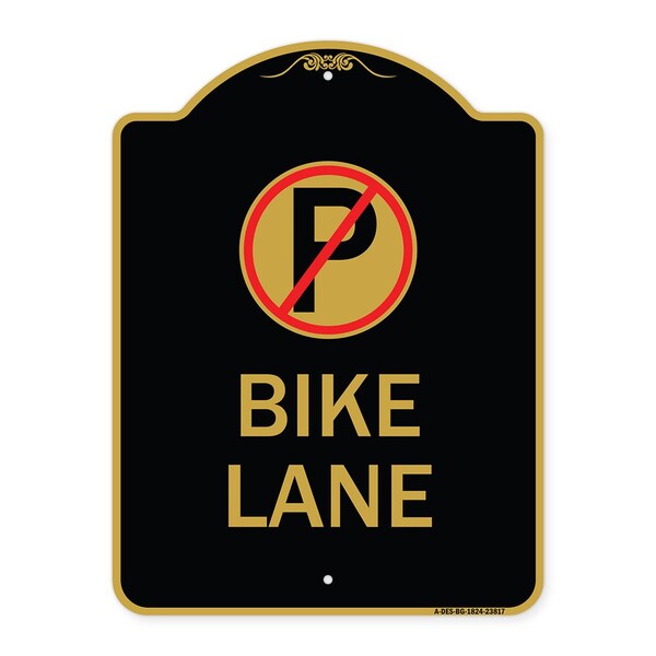 Designer Series No Parking Bike Lane, Black & Gold Aluminum Sign, 18" x 24", BG-1824-23817